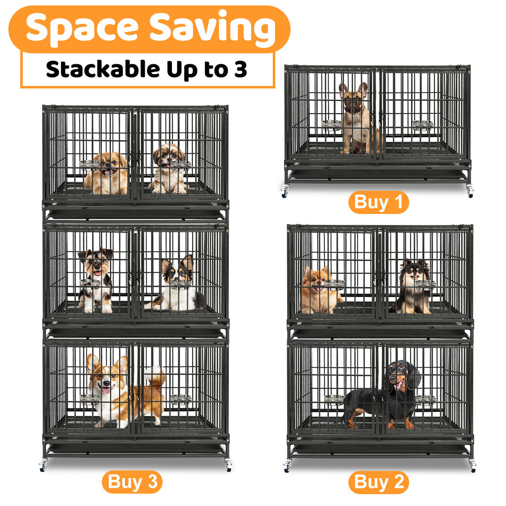 Stackable dog crates with dogs inside, labeled for space saving and stackability.