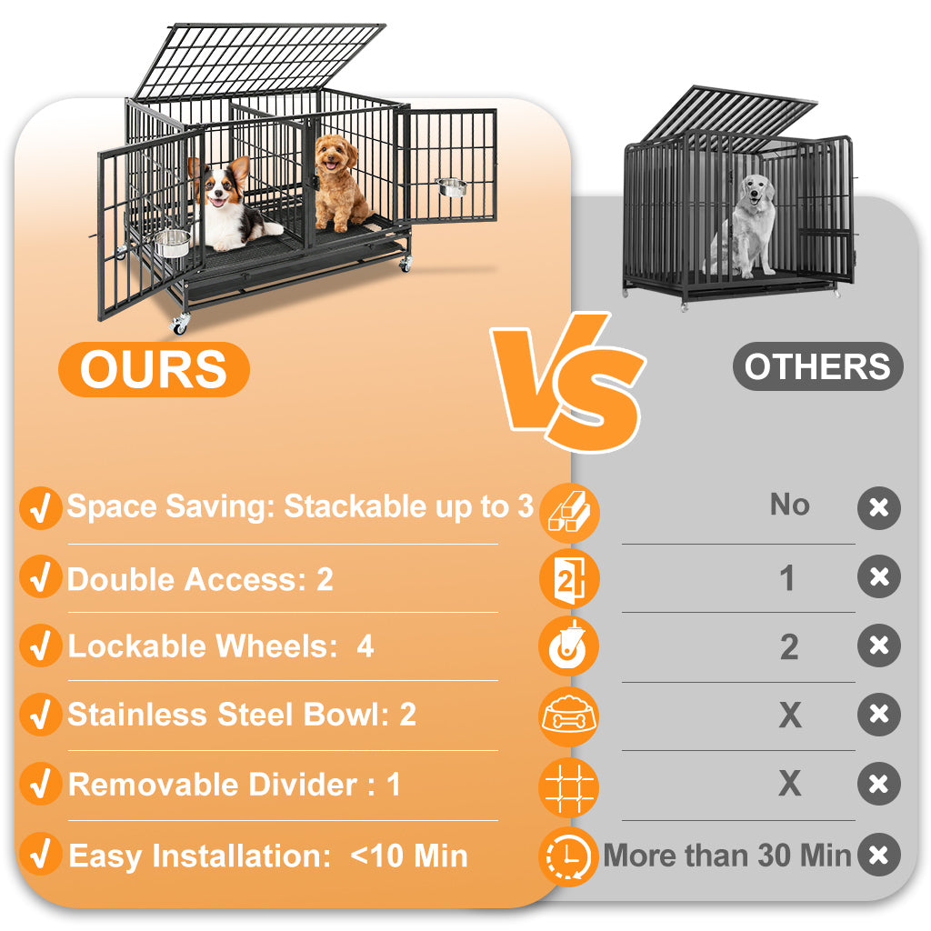Comparison chart of a stackable dog crate labeled 'OURS' versus 'OTHERS' on an orange and gray background.