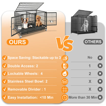 Comparison chart of a stackable dog crate labeled 'OURS' versus 'OTHERS' on an orange and gray background.