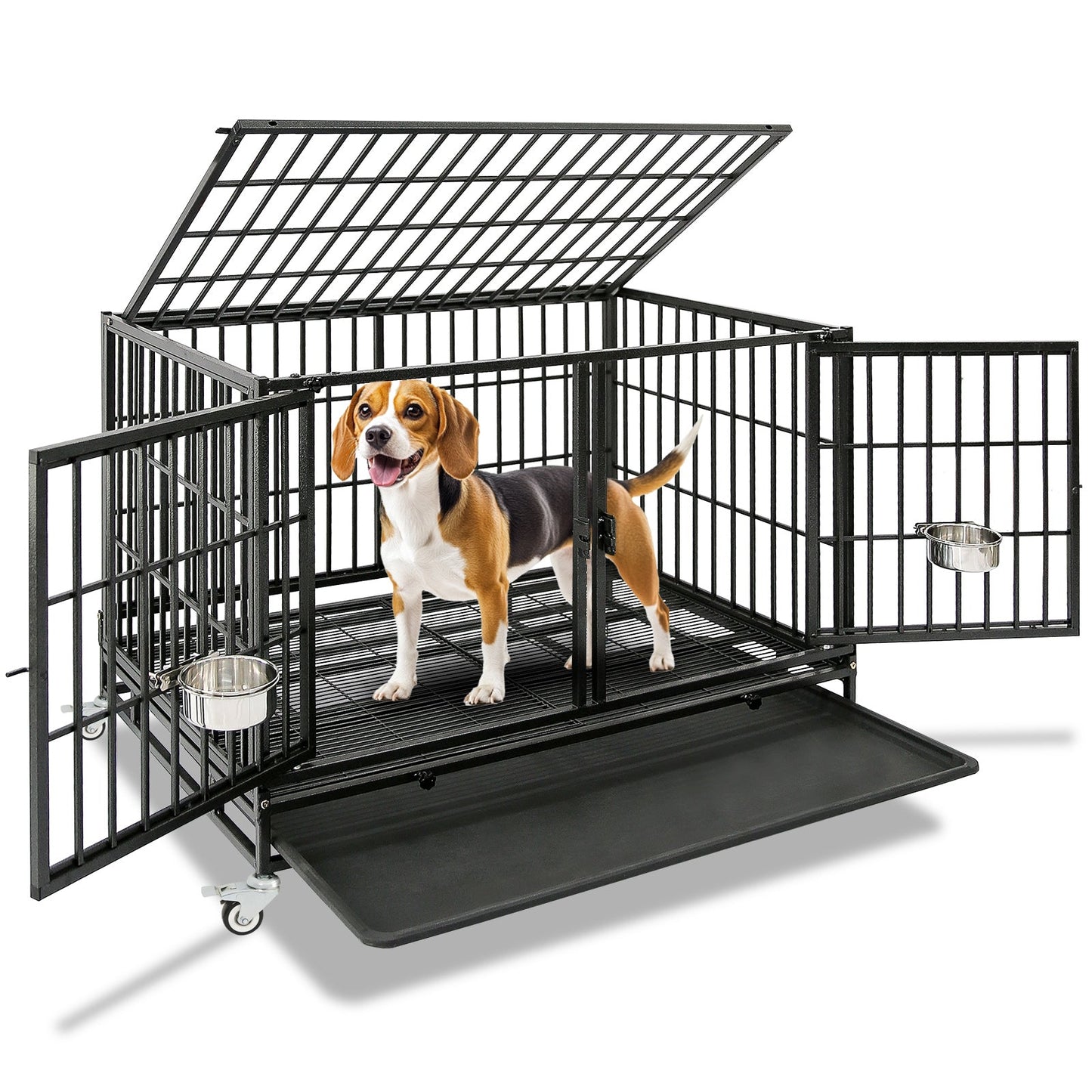 Dog standing inside a large black metal dog crate with wheels on a white background
