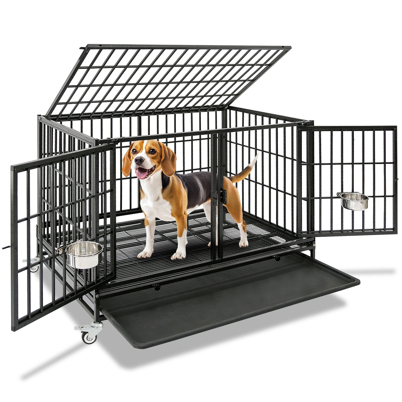 Dog standing inside a large black metal dog crate with wheels on a white background