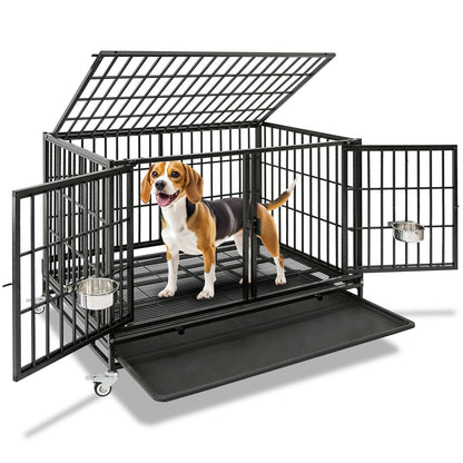 Dog standing inside a large black metal dog crate with wheels on a white background
