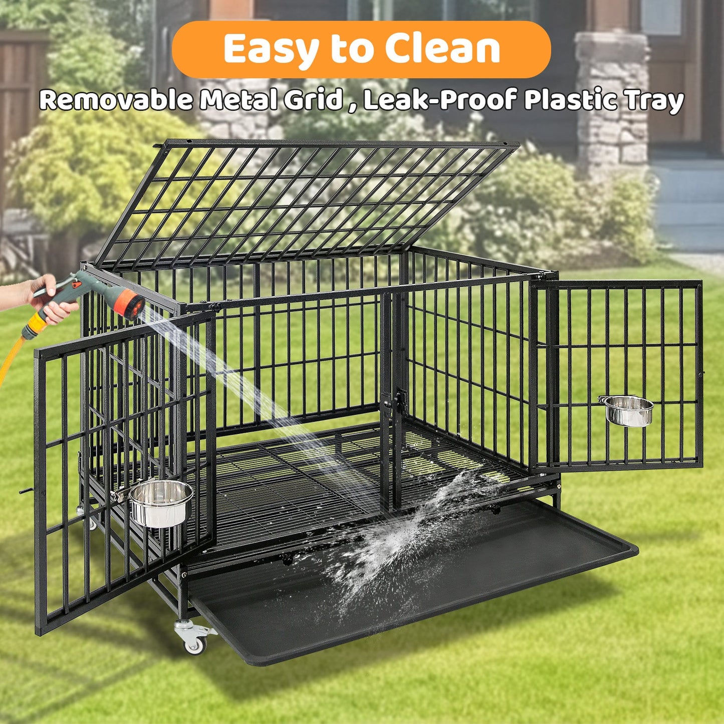 Dog crate with removable metal grid and leak-proof plastic tray being cleaned with a hose.