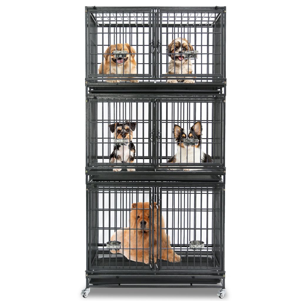 Three-tier black pet cage on a white background