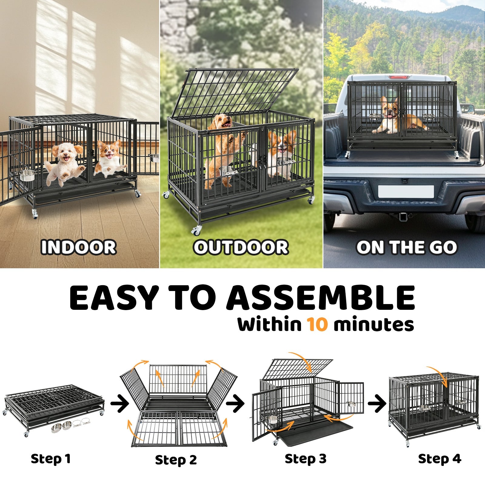 Dog crate shown in various settings with assembly steps displayed.