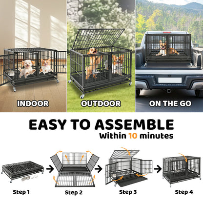 Dog crate shown in various settings with assembly steps displayed.
