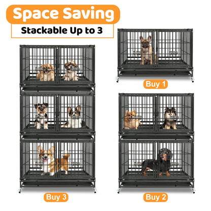 Stackable dog crates with dogs inside, labeled 'Space Saving' and 'Stackable Up to 3'.