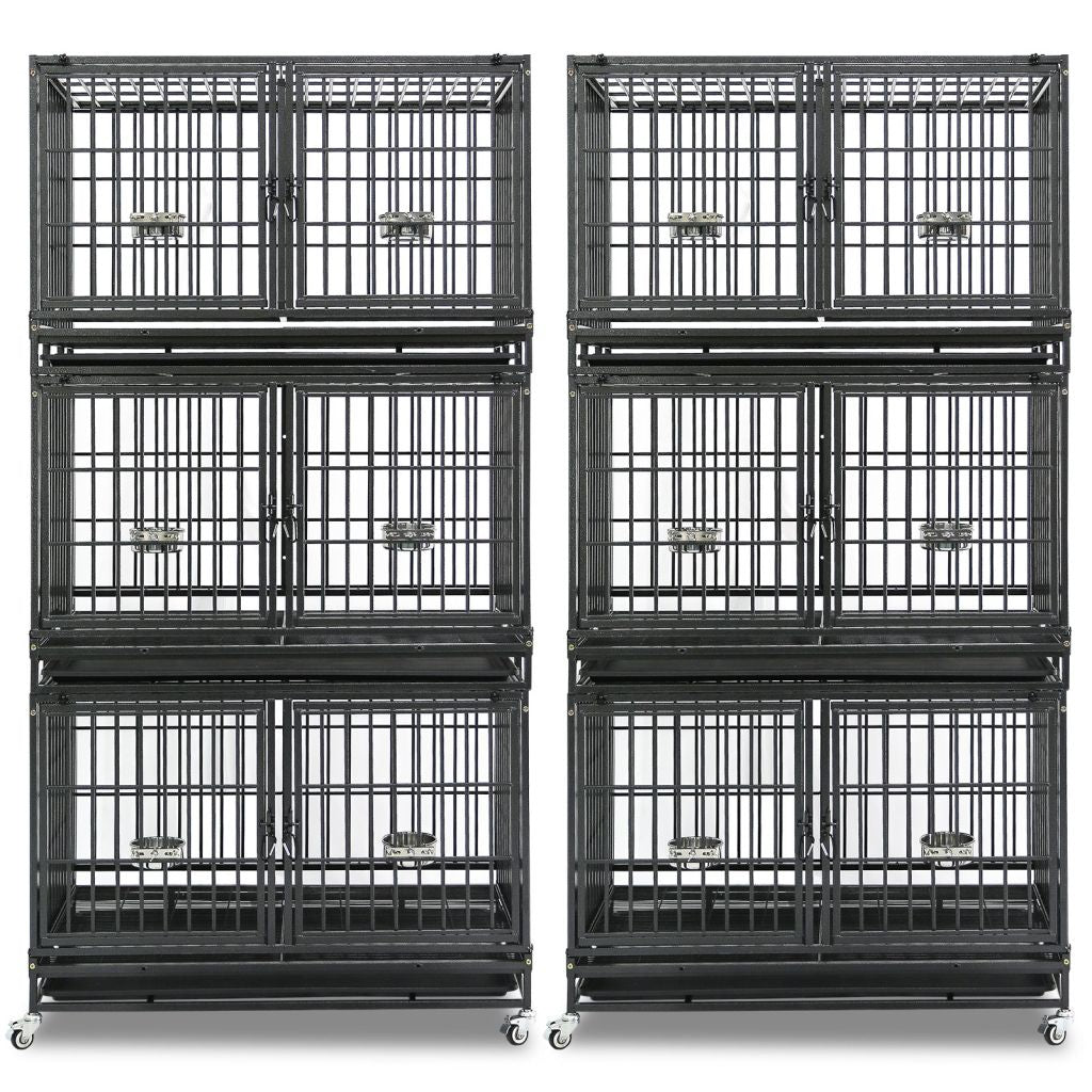 Stack of black metal dog crates on a white background