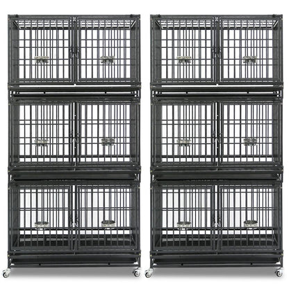Stack of black metal dog crates on a white background