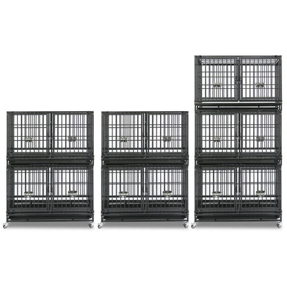Set of black metal dog crates stacked on a white background