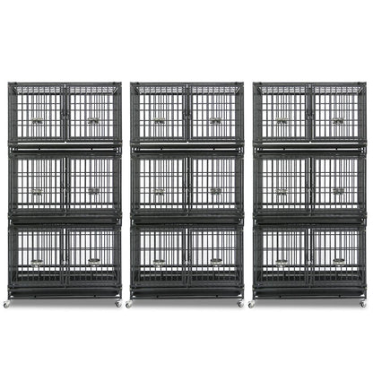 Set of black metal dog crates stacked on a white background