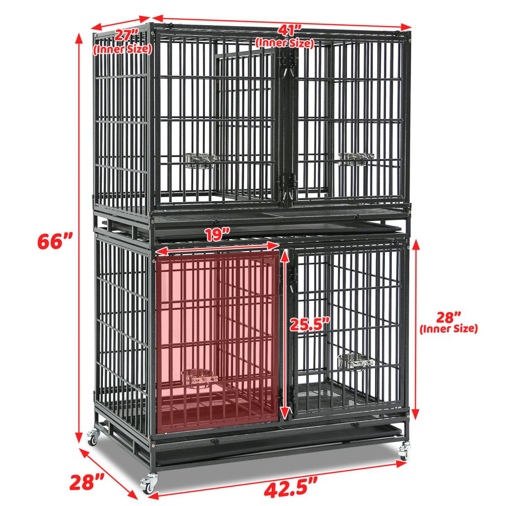 Stackable metal dog cages with dimensions labeled on a white background