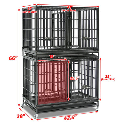 Stackable metal dog cages with dimensions labeled on a white background