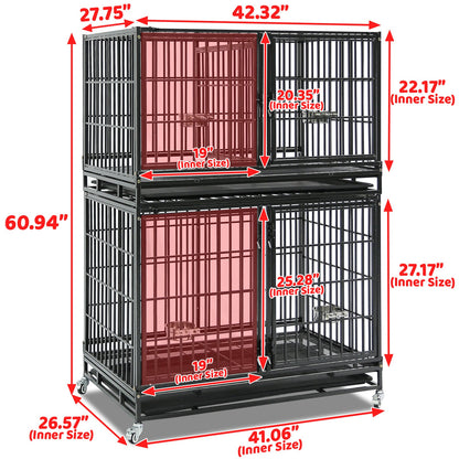 Stack of metal dog crates with dimensions labeled