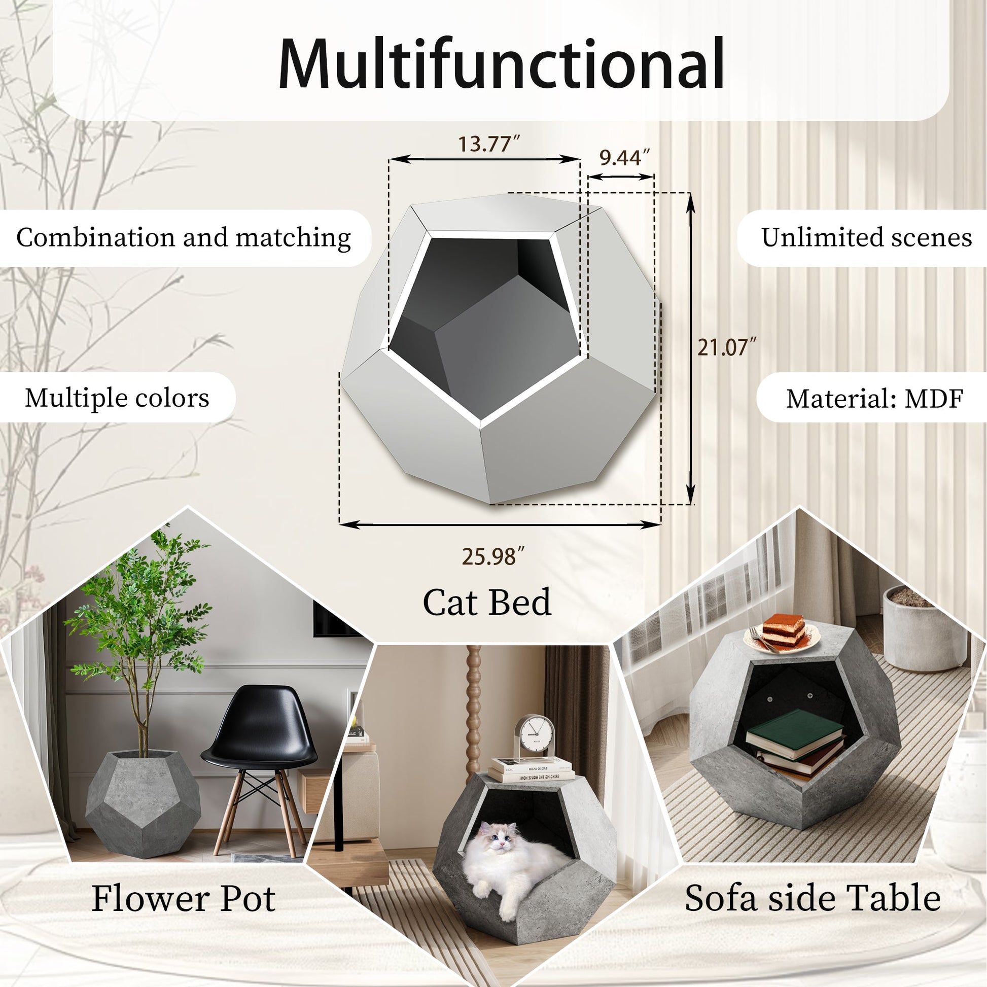Multifunctional geometric cat bed with dimensions and usage scenarios.