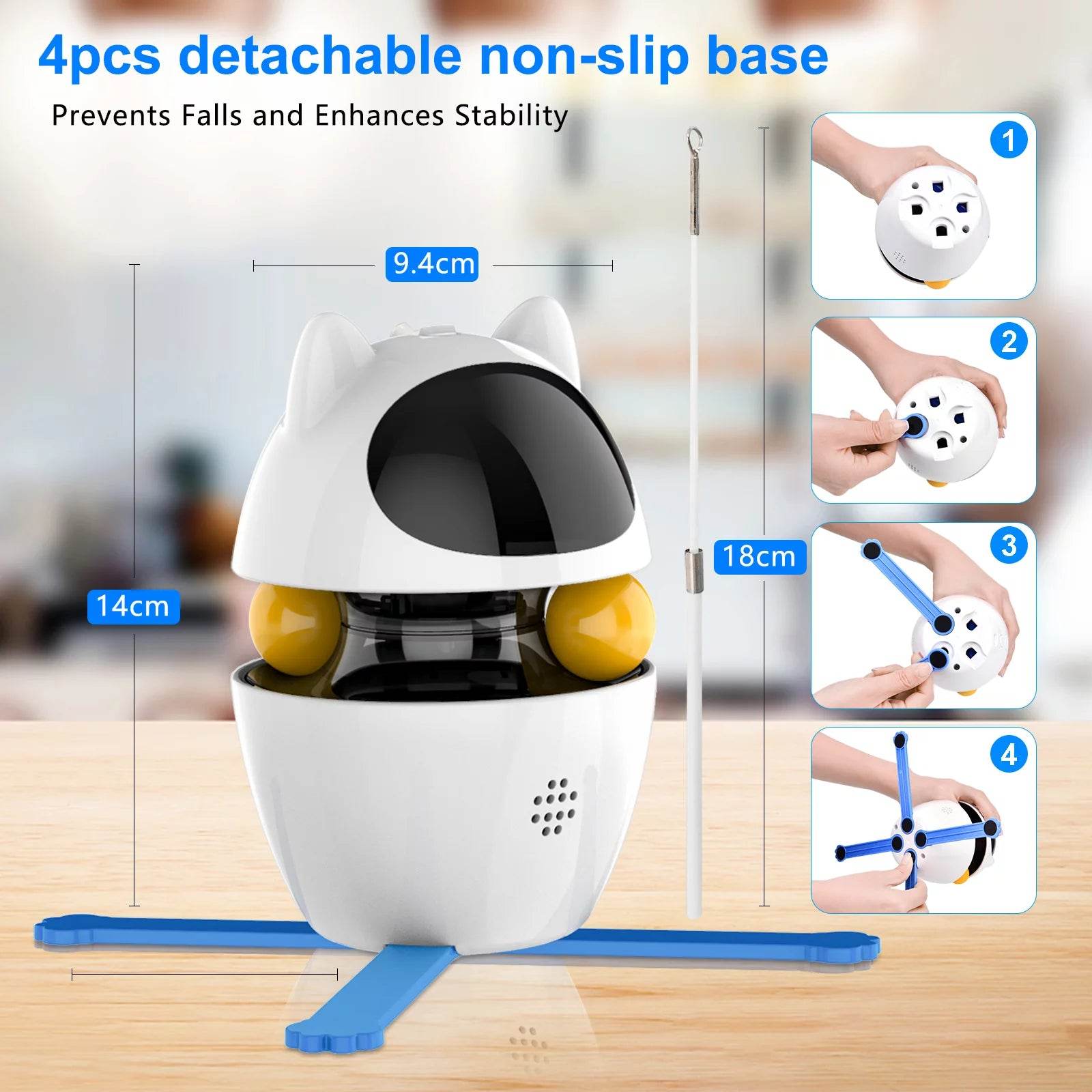 White robot with yellow balls on a wooden surface, featuring detachable non-slip base with measurements and assembly instructions.