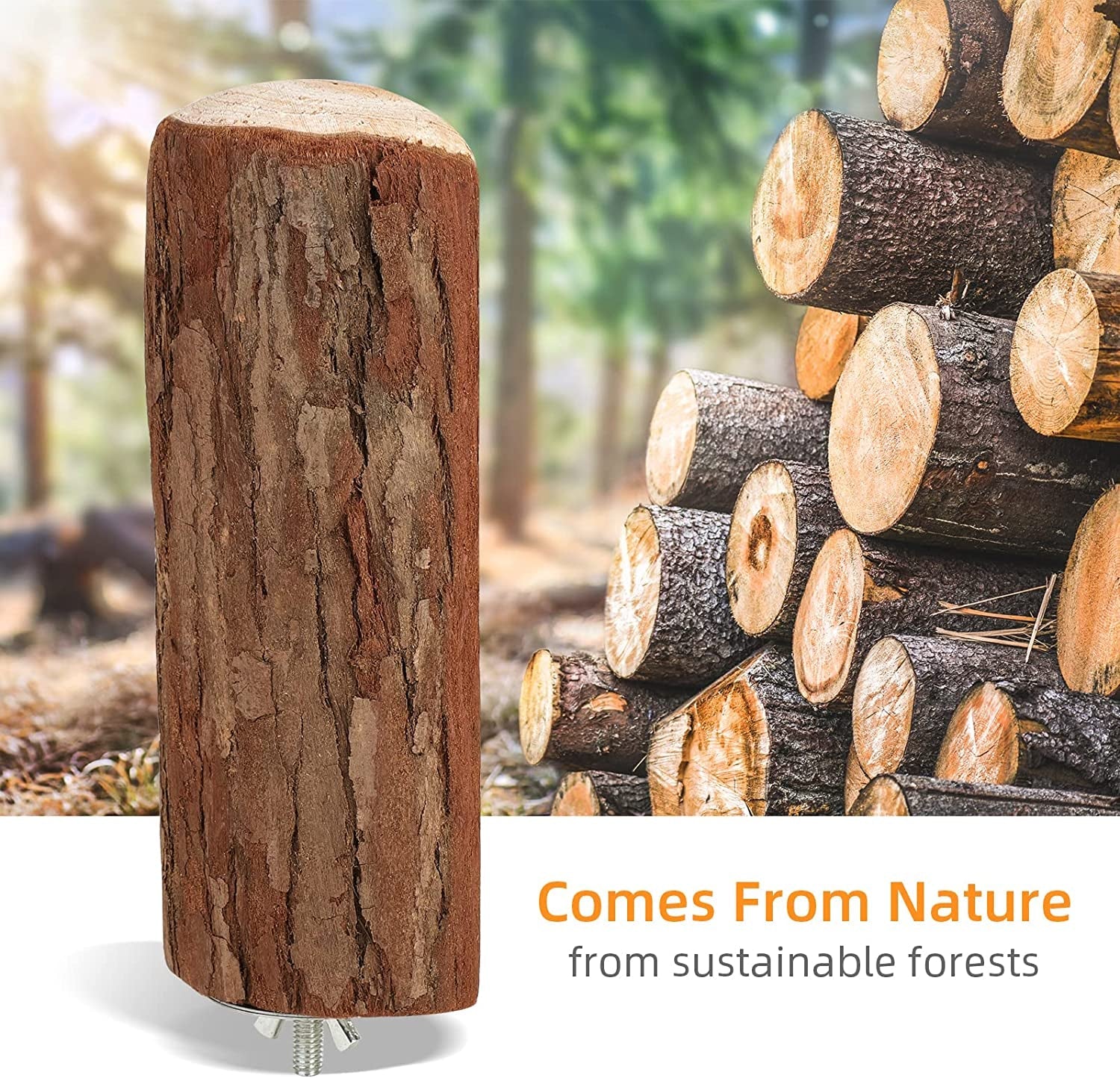 Wooden log design with 'Comes From Nature' text against a forest background