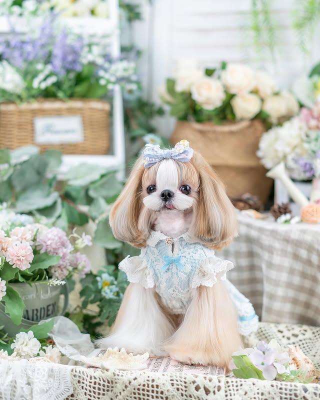 Dog in a decorative outfit with flowers and plants in the background