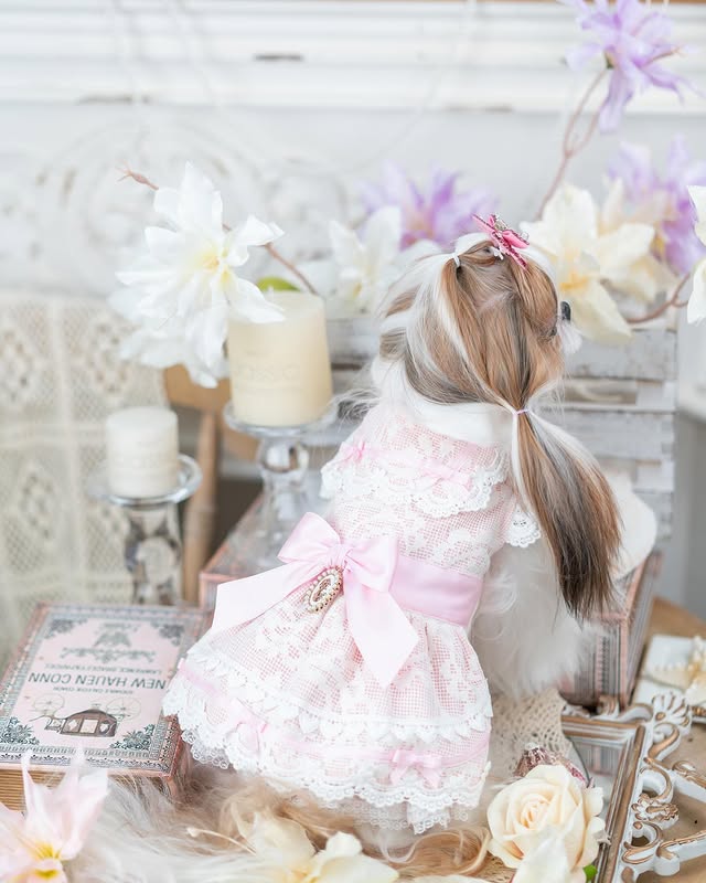 Stuffed animal in a pink dress with flowers and candles in the background