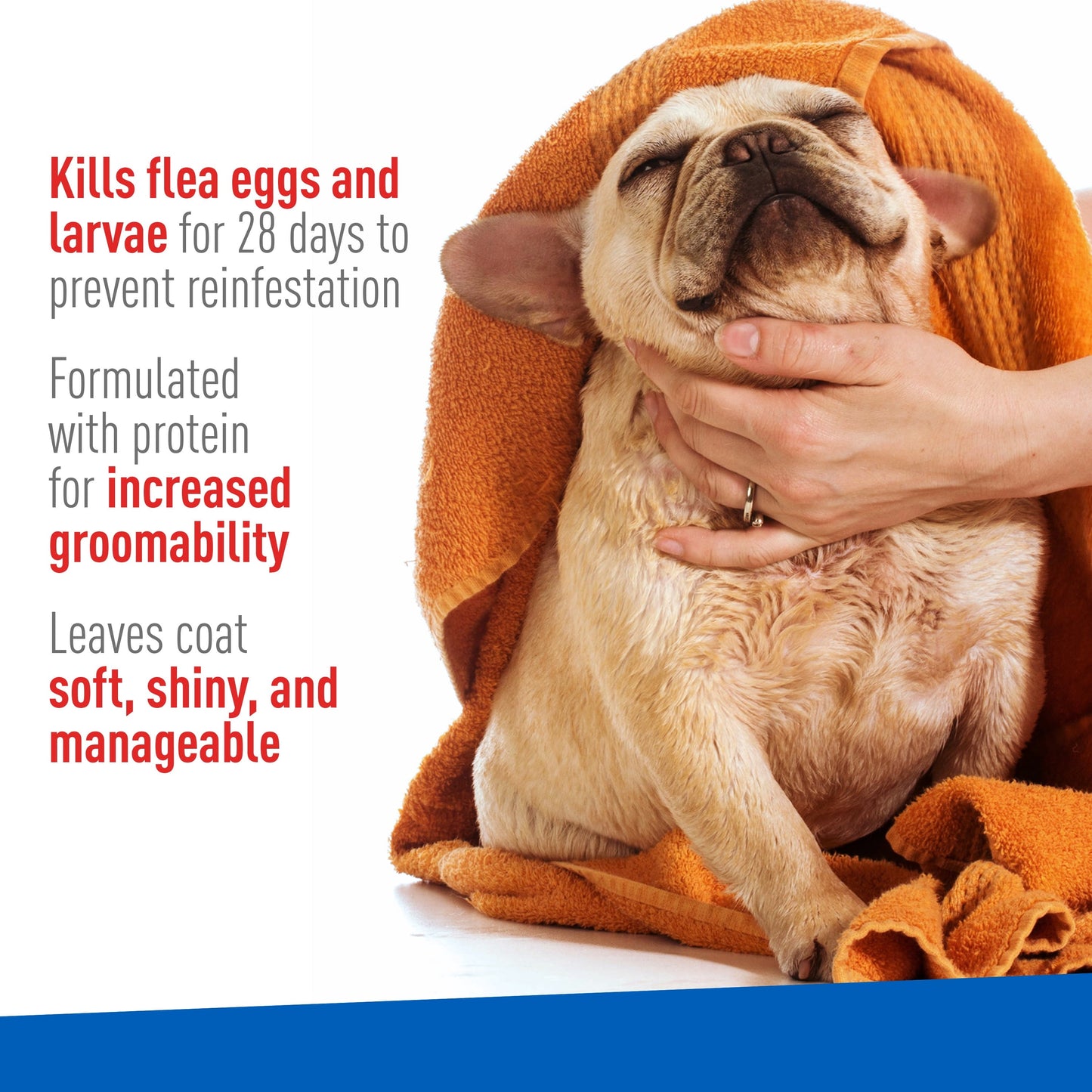 Product benefits explained. Dog with orange towel on a white background