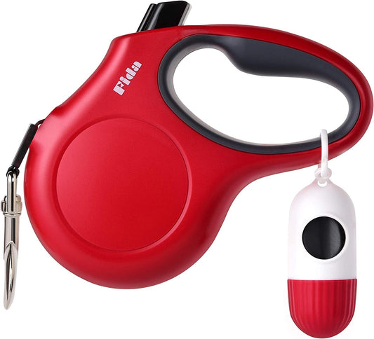 Red retractable dog leash with a white and red attachment on a white background