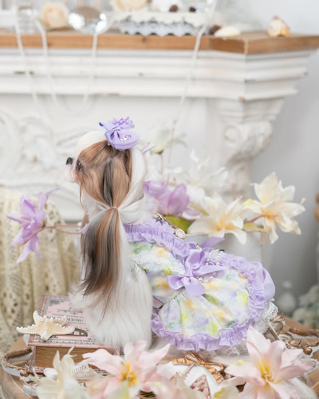 Doll with a floral dress and headband in a decorative setting with flowers and a book.