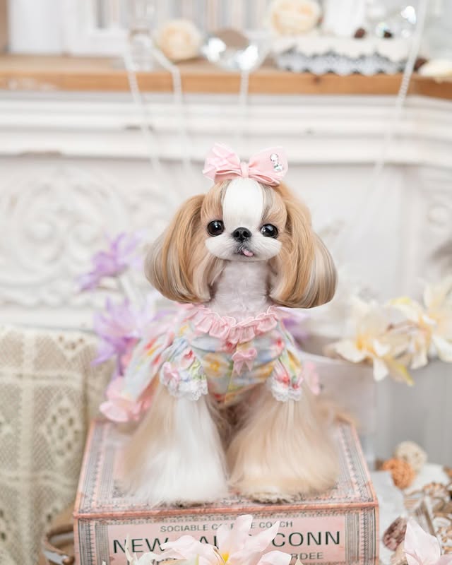 Small dog in a colorful outfit with a pink bow, sitting on a decorative box.