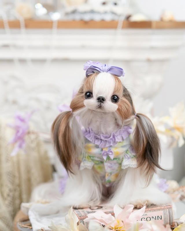 Small dog with pigtails wearing a floral outfit and purple bow in a decorative setting.