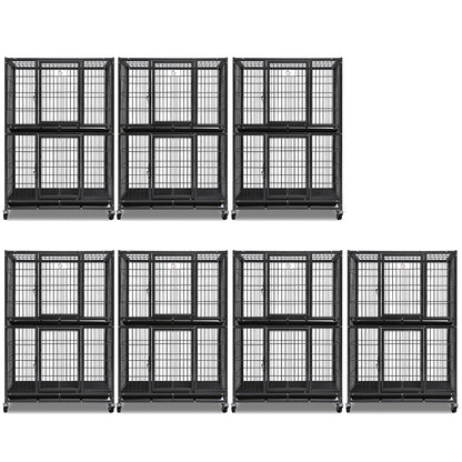 Set of eight black metal storage cages on a white background