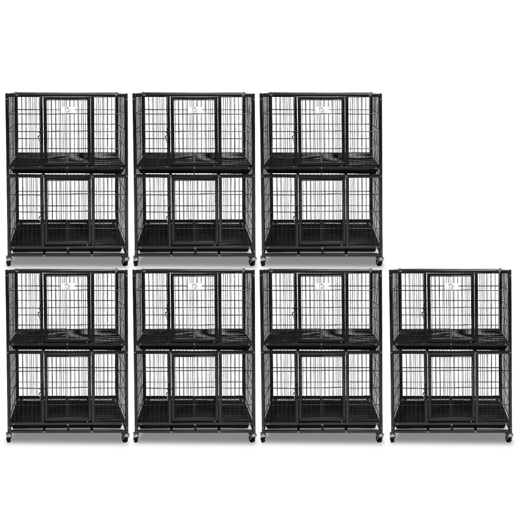 Set of black pet crates stacked and arranged on a white background