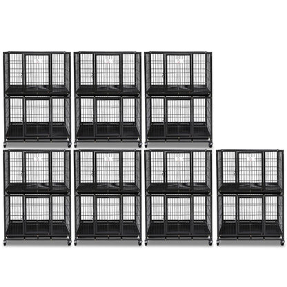 Set of black pet crates stacked and arranged on a white background