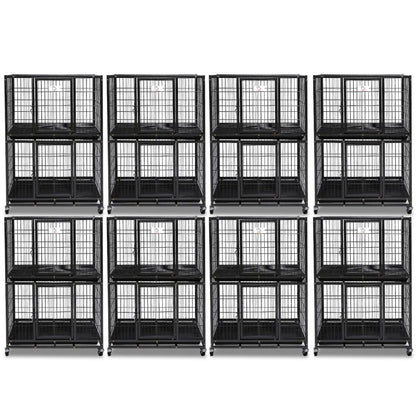 Multiple black pet crates stacked on a white background