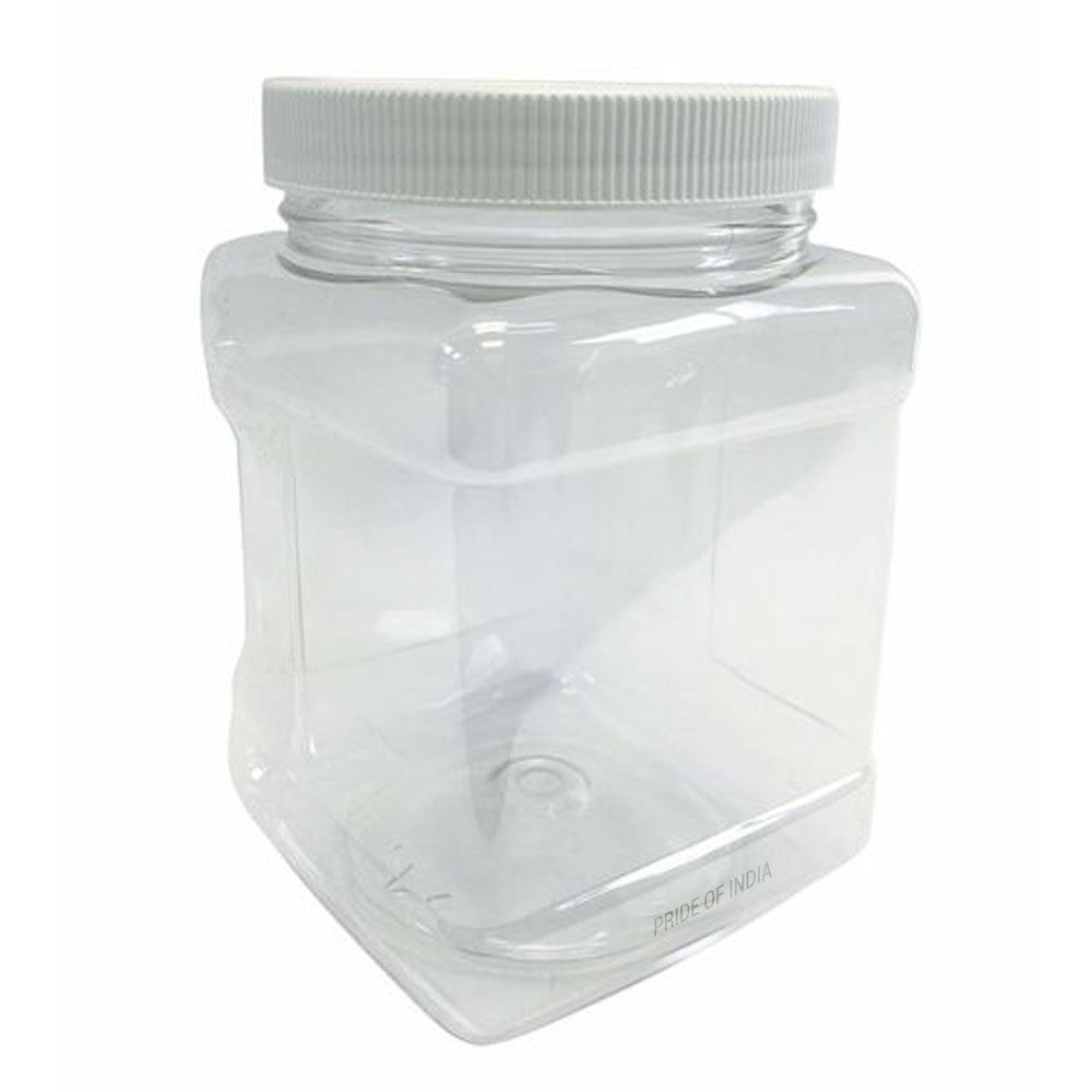 Clear plastic jar with a white lid on a white background