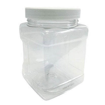 Clear plastic jar with a white lid on a white background