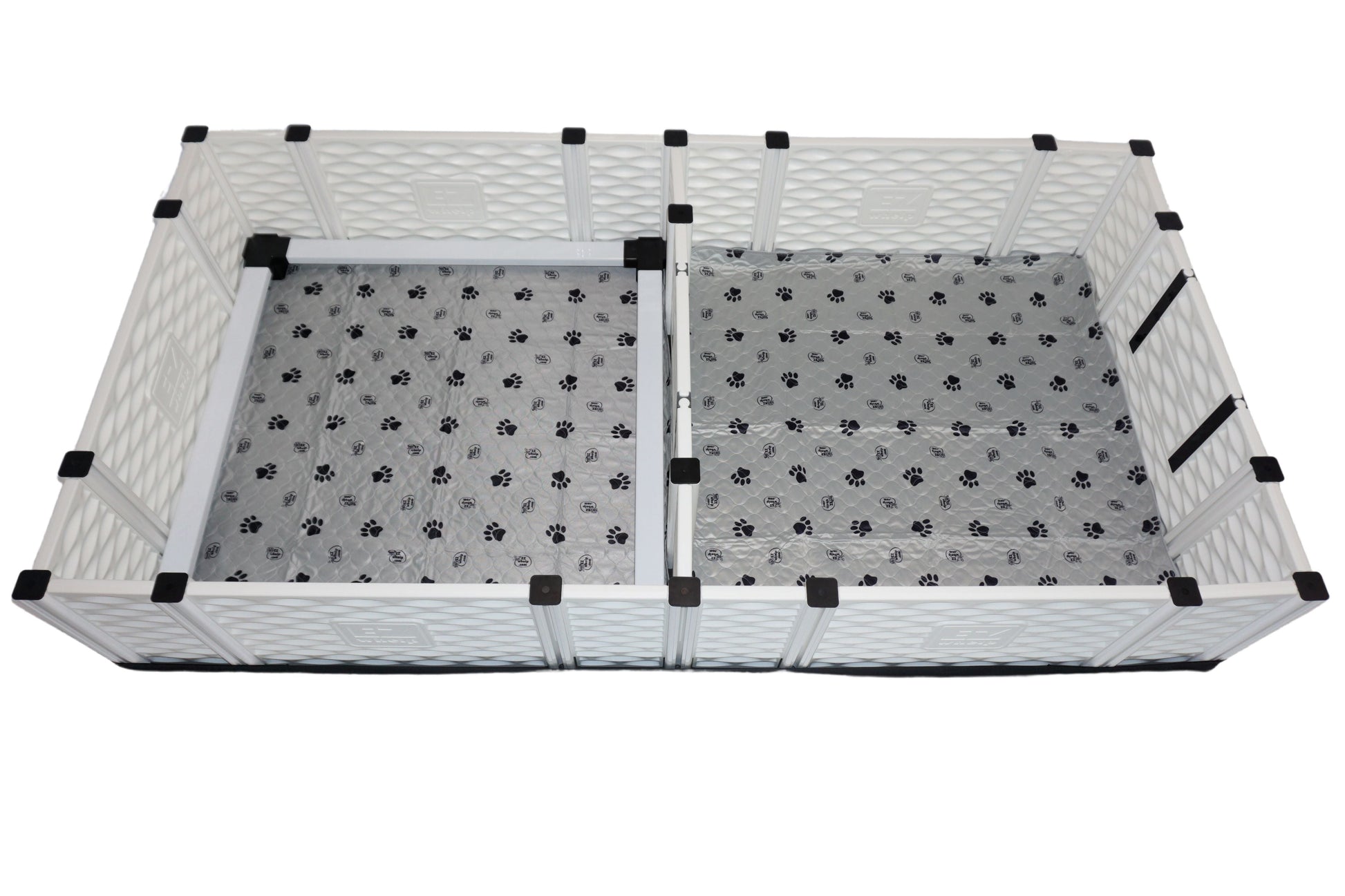 Pet playpen with paw print design on a white background