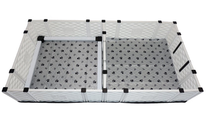 Pet playpen with paw print design on a white background