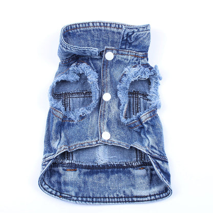 Denim dog coat with buttons on a white background