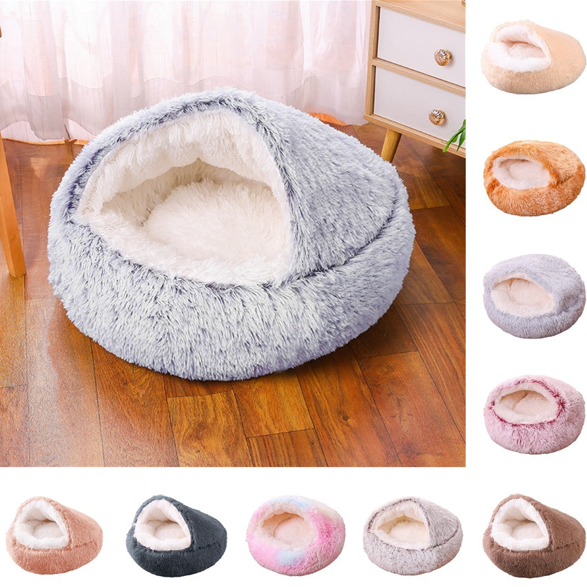 Fluffy pet bed on a wooden floor with color swatches of other beds.