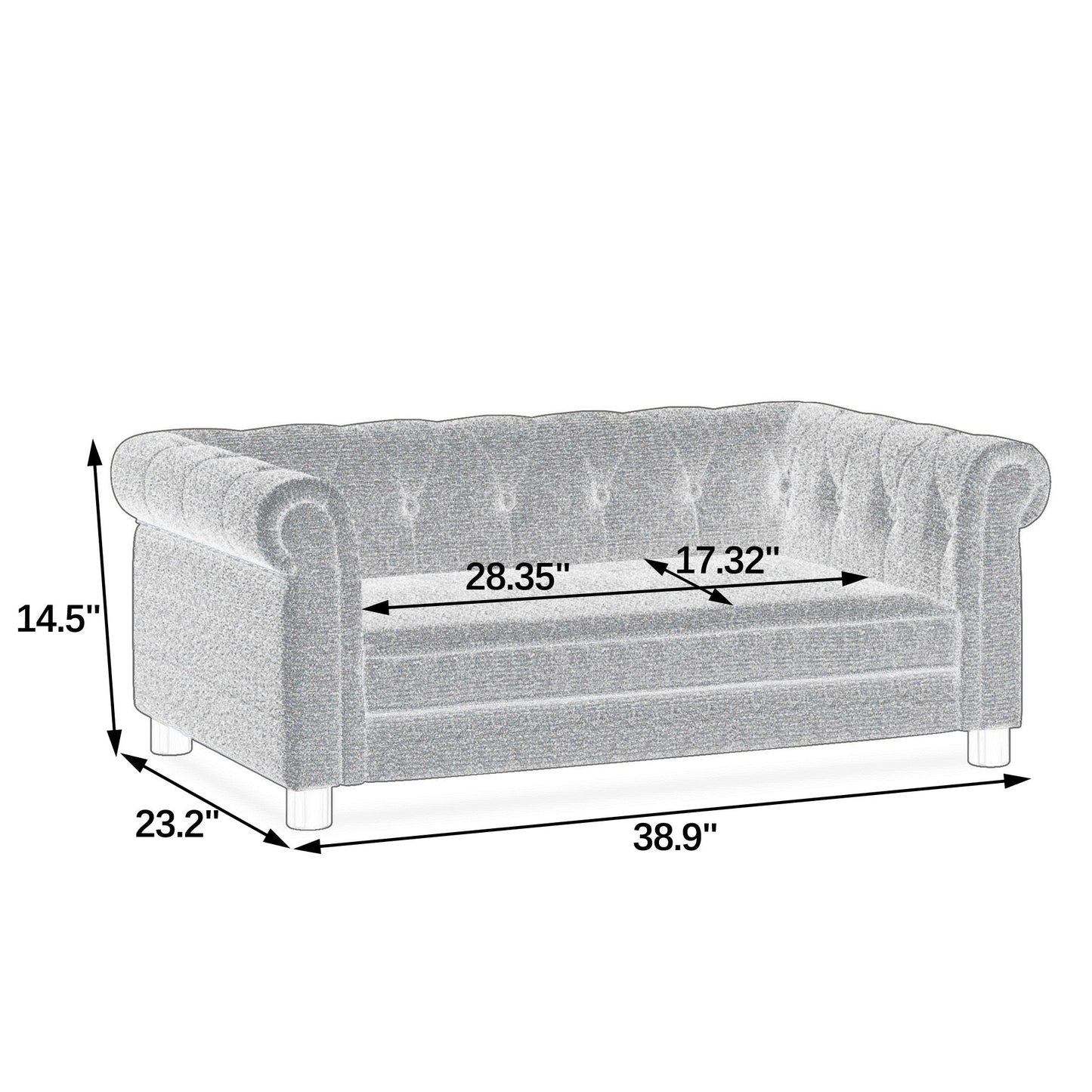 Gray sofa with dimensions marked on a white background