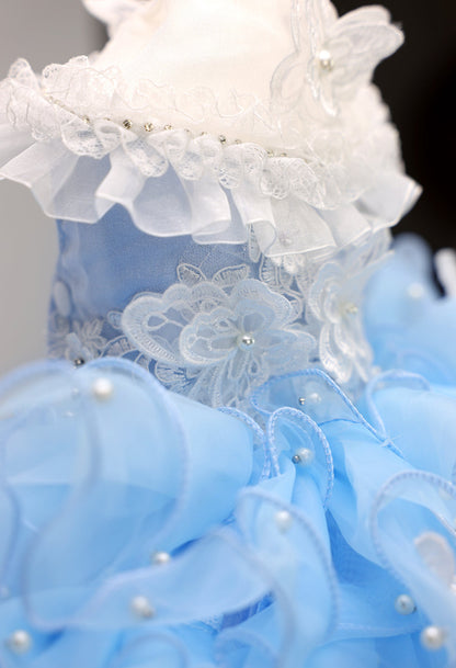 Close-up of a light blue dress with floral details and white lace