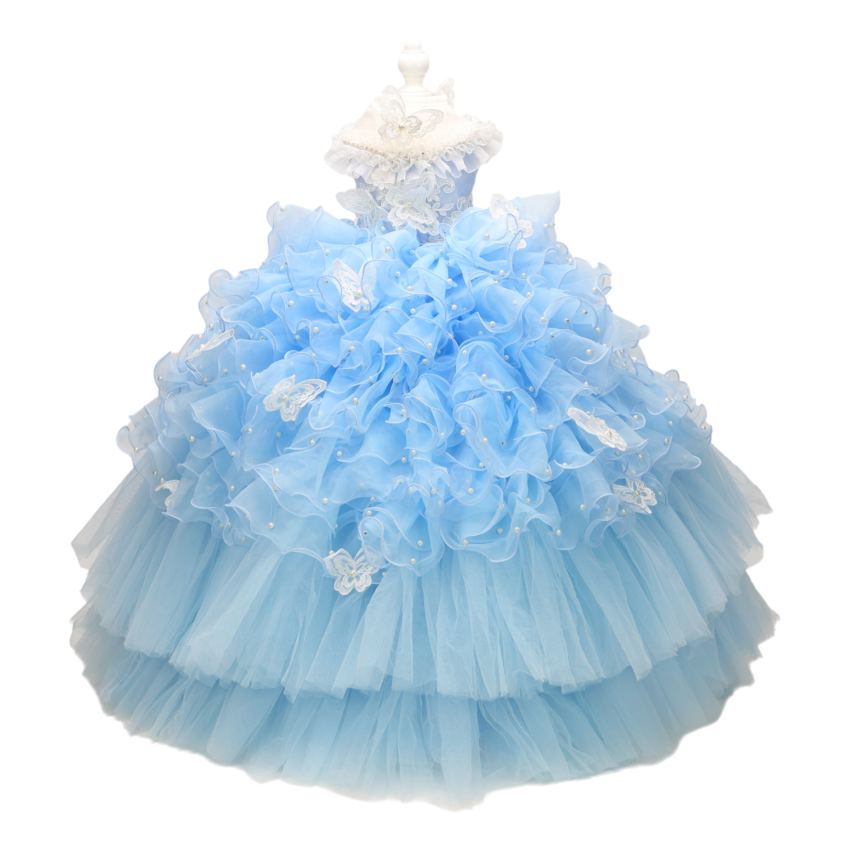 Light blue ball gown with floral details on a white background