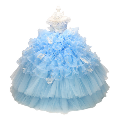Light blue ball gown with floral details on a white background