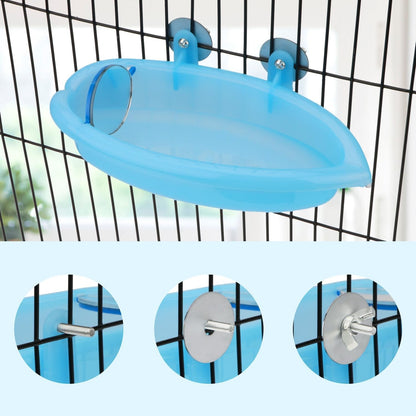 Blue bird cage perch with suction cups on a wire cage background