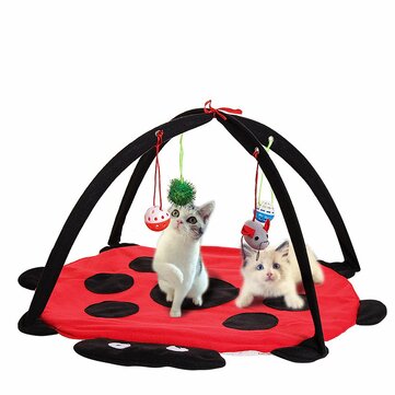 Cat play gym with red and black design, featuring two cats sitting on it.