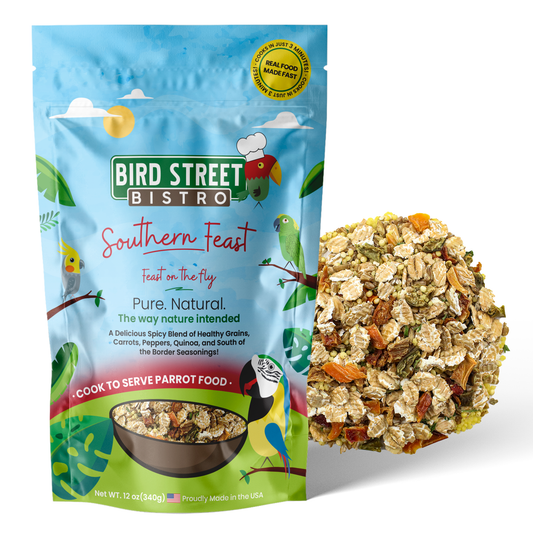 Bird Street Bistro Southern Feast parrot food packaging with a sample of the food on a white background