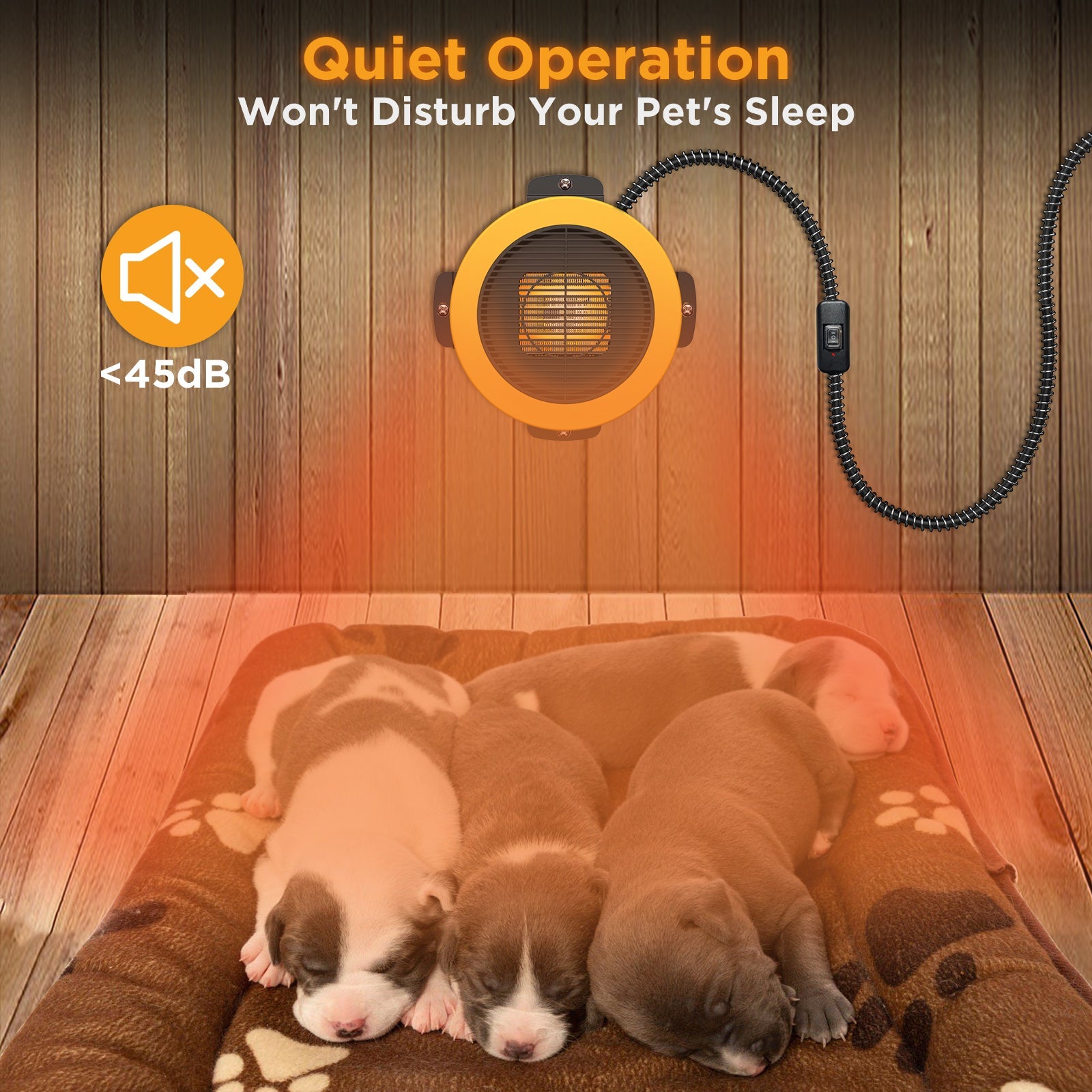 Heating pad for pets with puppies sleeping on it, labeled 'Quiet Operation'.