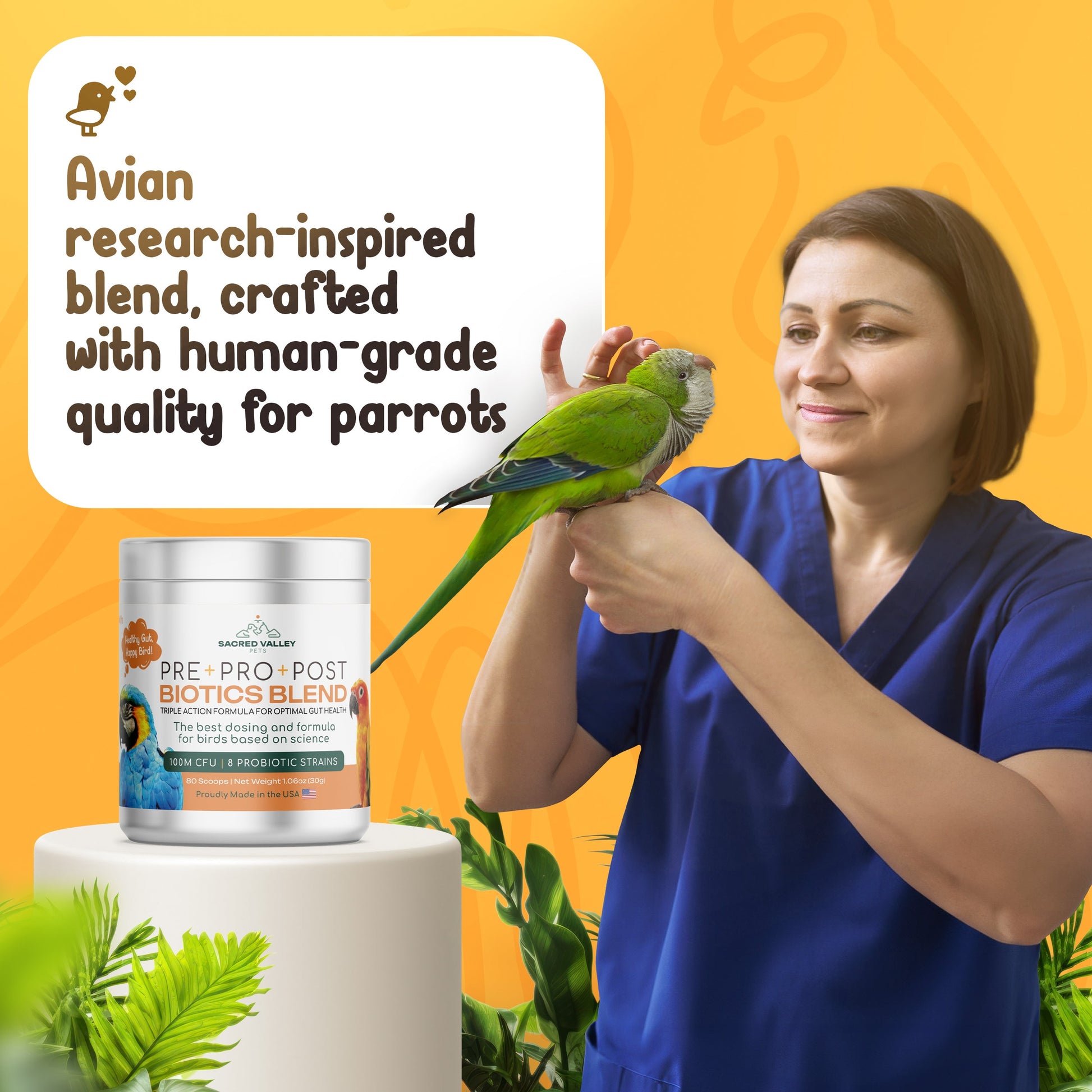 Woman holding a parrot with a product container labeled 'Pre- & Post Biotics Blend' on an orange background.