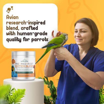 Woman holding a parrot with a product container labeled 'Pre- & Post Biotics Blend' on an orange background.