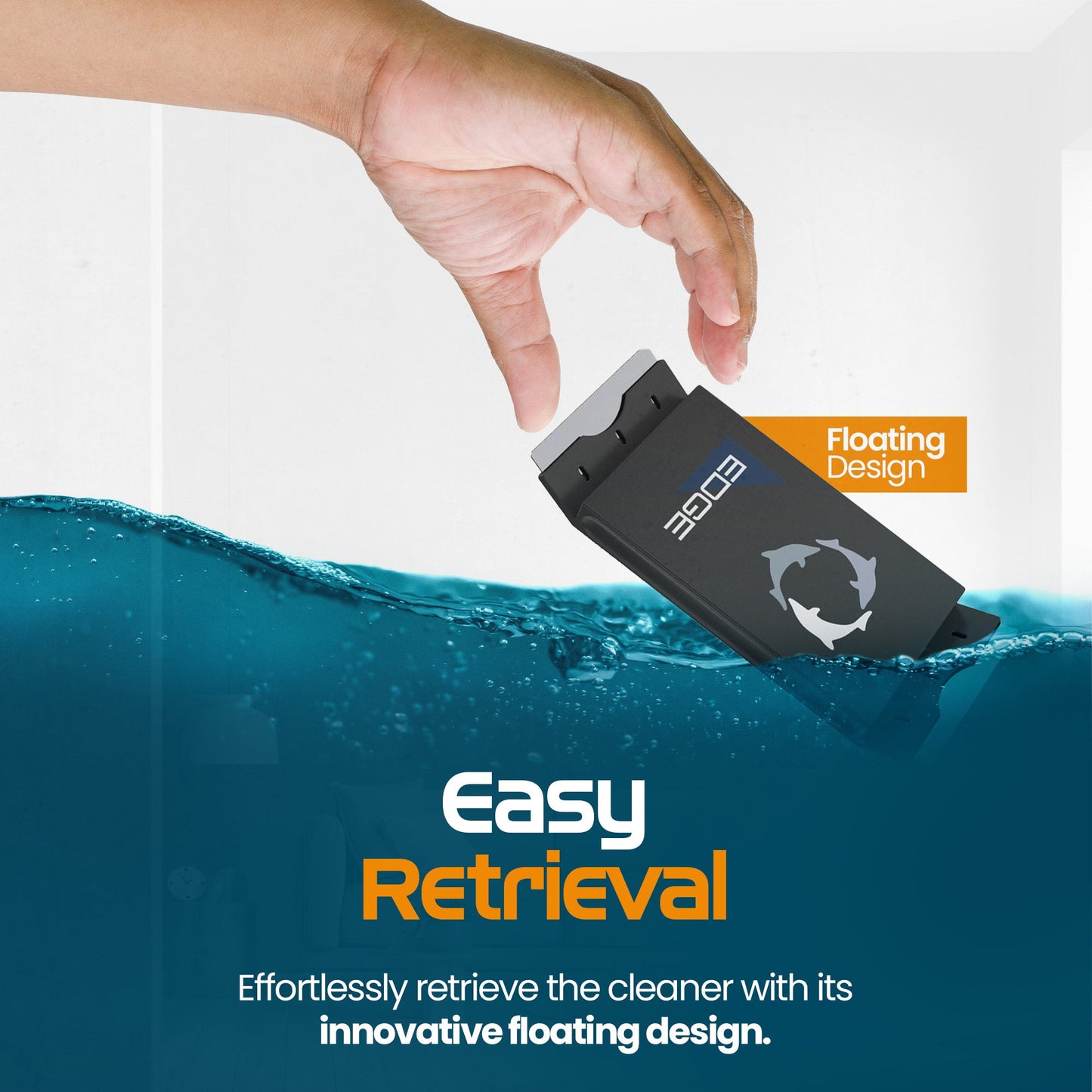 Hand holding a device with 'Easy Retrieval' branding and floating design feature.