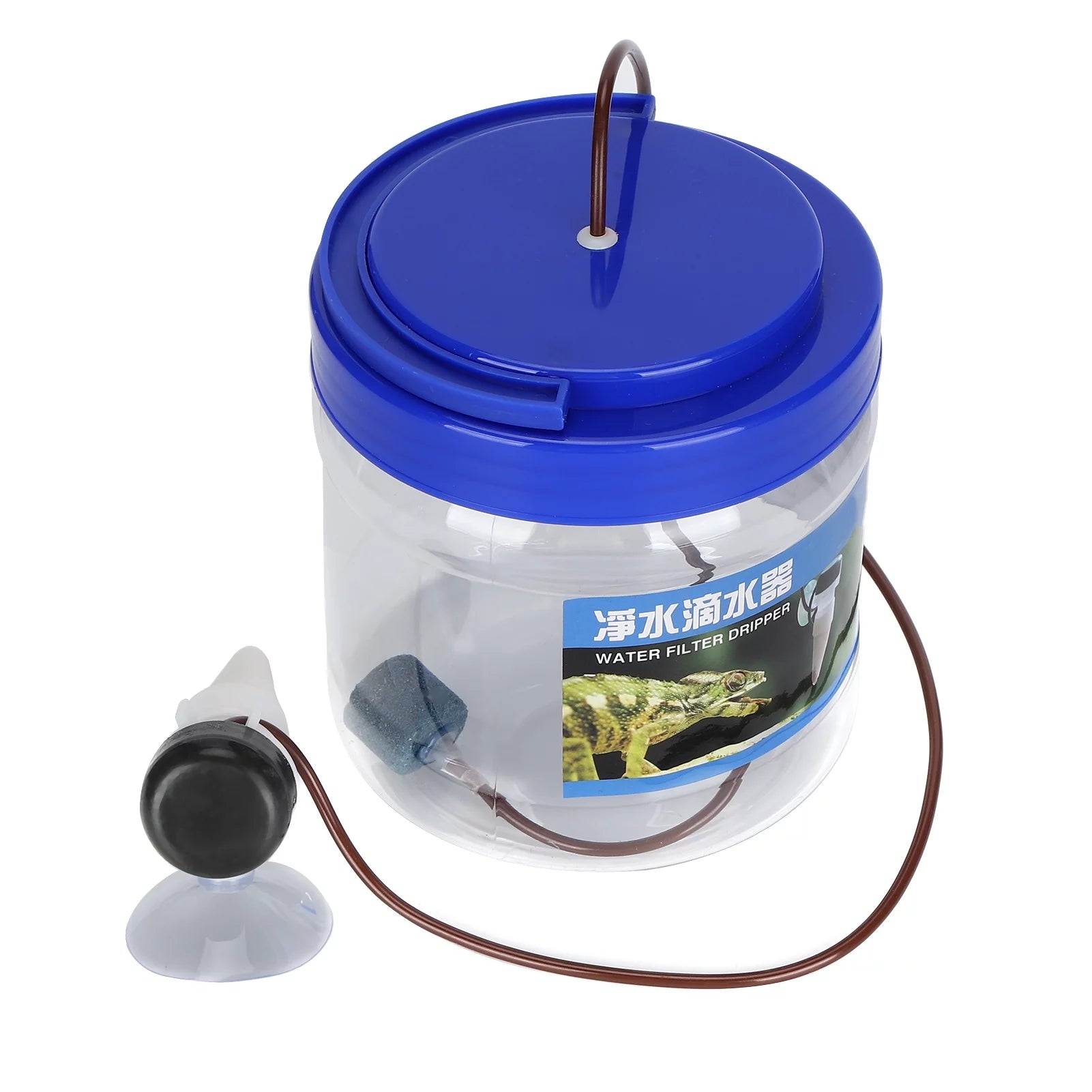 Water filter dropper with blue lid and clear container on a white background